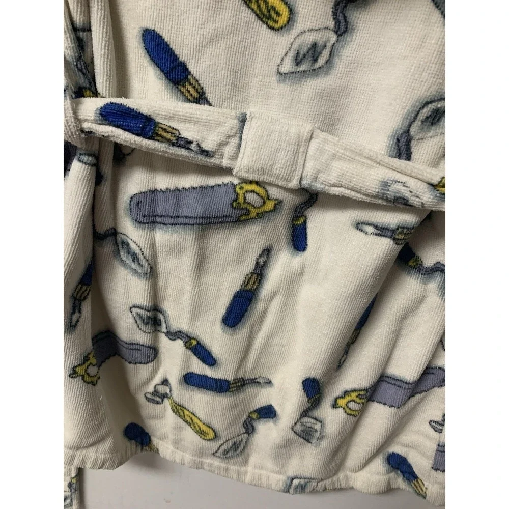 Bullfrogs & Butterflys Boys Tools Robe White Med Belt Pockets Hood Terry Cloth
